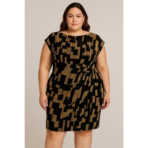 Donna Karan Velvet Burnout Sheath Dress 24W Black Gold Elegant Party Cocktail - Picture 3 of 14